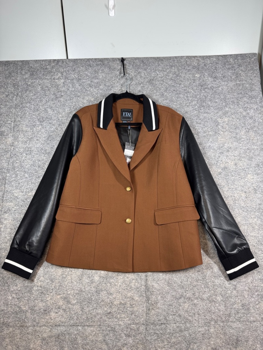 FDJ Brown Wool Blend Varsity Jacket Black Faux Leather Sleeves Preppy Chic XL - Picture 2 of 16